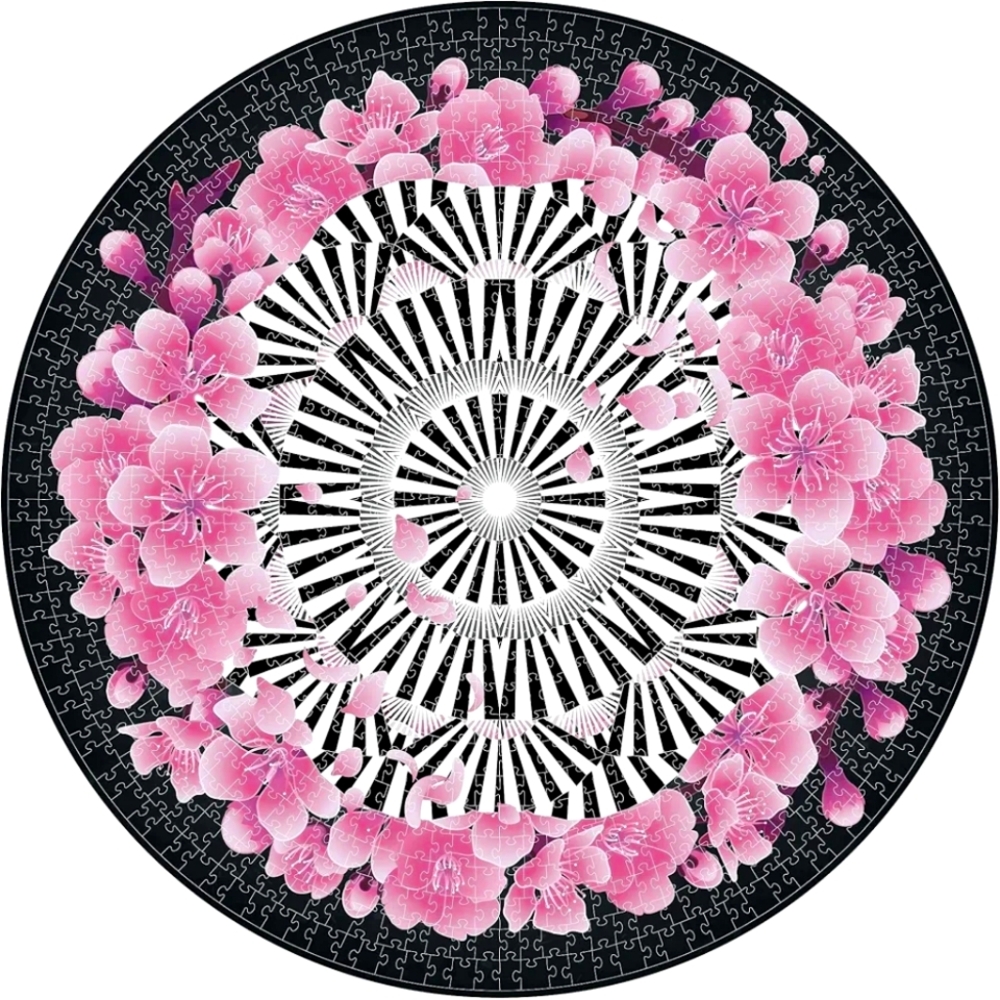New In Box  Romantic Cherry Blossom 1000 Pc Pink, Black, White Round Puzzle